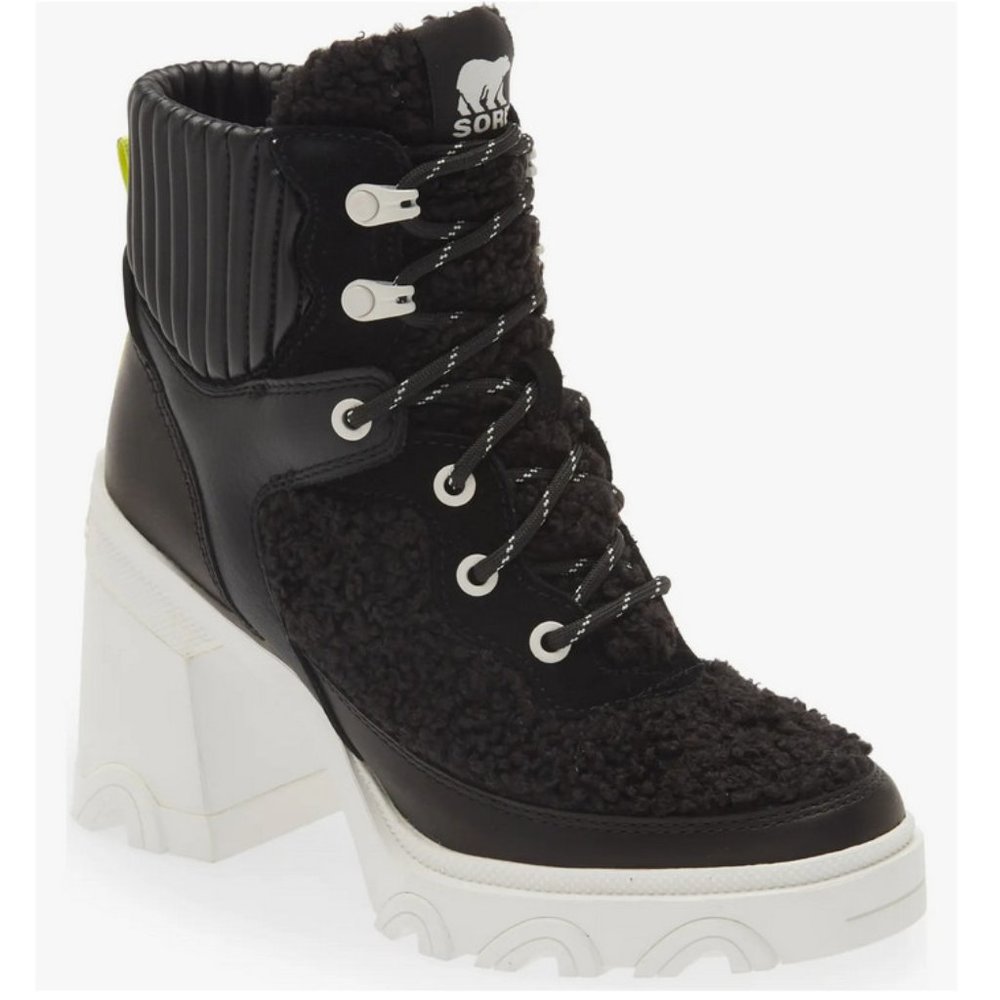 NEW Sorel Size 10 Brex Leather & Faux Shearling Block Heel Lace-Up Bootie, Black